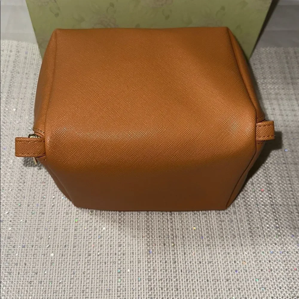 MoroccanOil Camel Brown Cube Shaped Zip Faux Leather Cosmetic Makeup Travel Bag